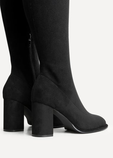 Linzi Kylie Black Stretch Suede Long Block Heeled Boot
