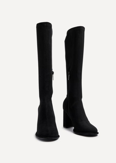 Linzi Kylie Black Stretch Suede Long Block Heeled Boot