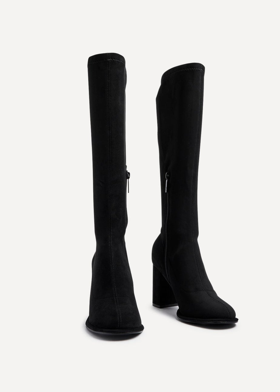 Linzi Kylie Black Stretch Suede Long Block Heeled Boot
