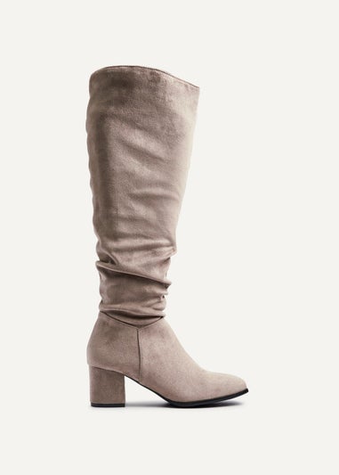 Linzi Margot Mocha Faux Suede Knee High Block Heeled Ruched Boot