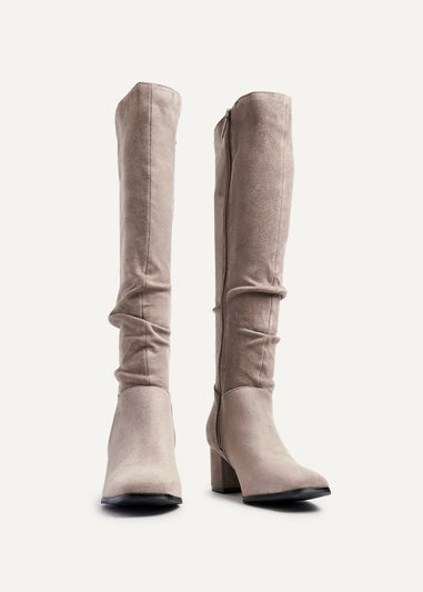 Linzi Margot Mocha Faux Suede Knee High Block Heeled Ruched Boot