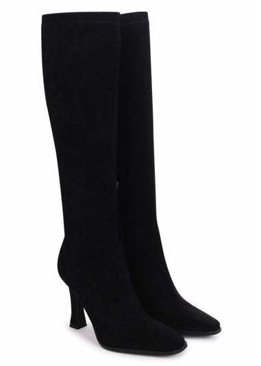 Linzi Winnie Black Suede Square Toe Heeled Sock Boot