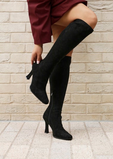 Linzi Winnie Black Suede Square Toe Heeled Sock Boot
