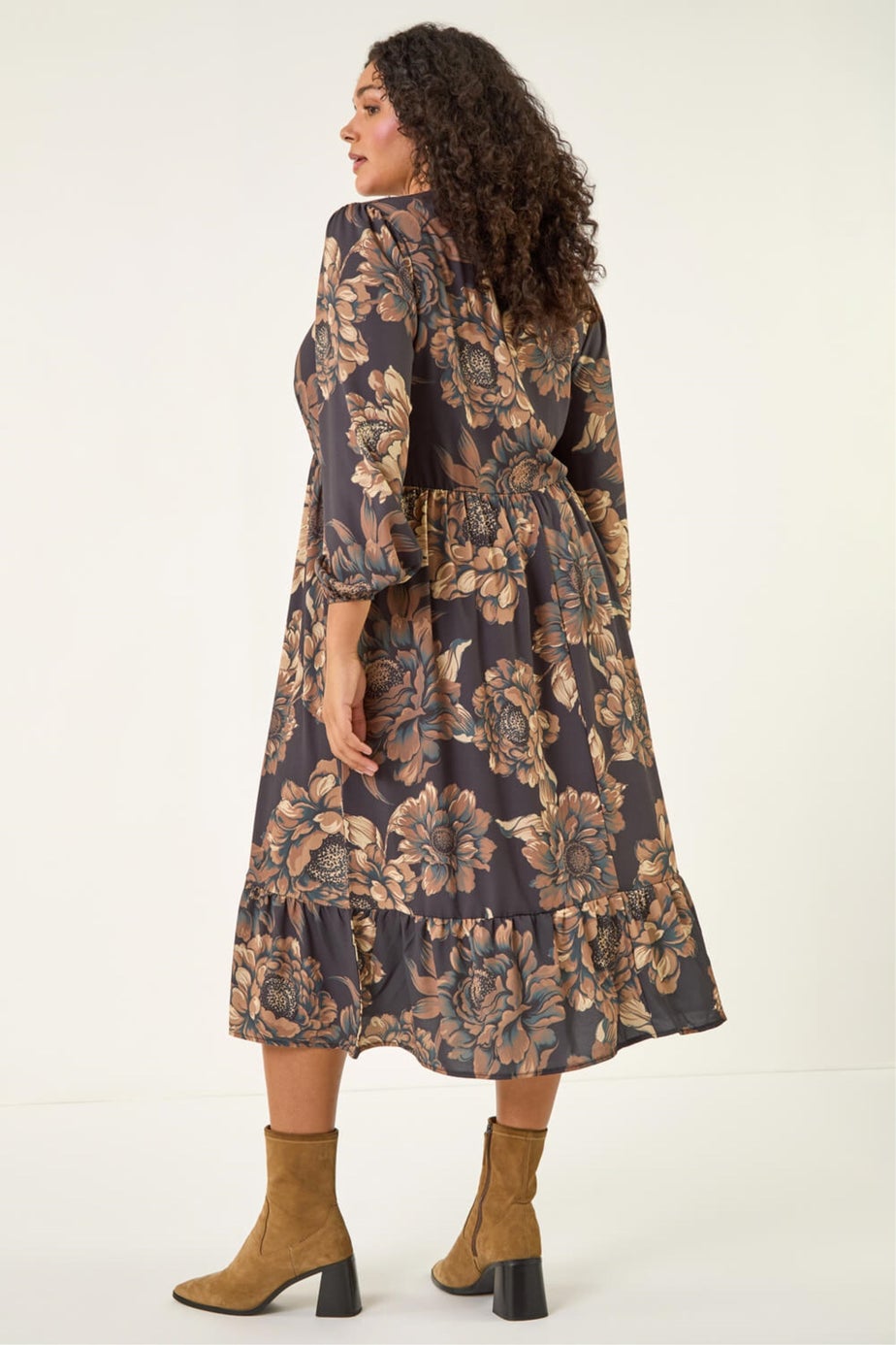 Roman Brown Curve Floral Print Midi Dress