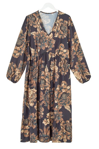 Roman Brown Curve Floral Print Midi Dress