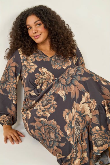 Roman Brown Curve Floral Print Midi Dress
