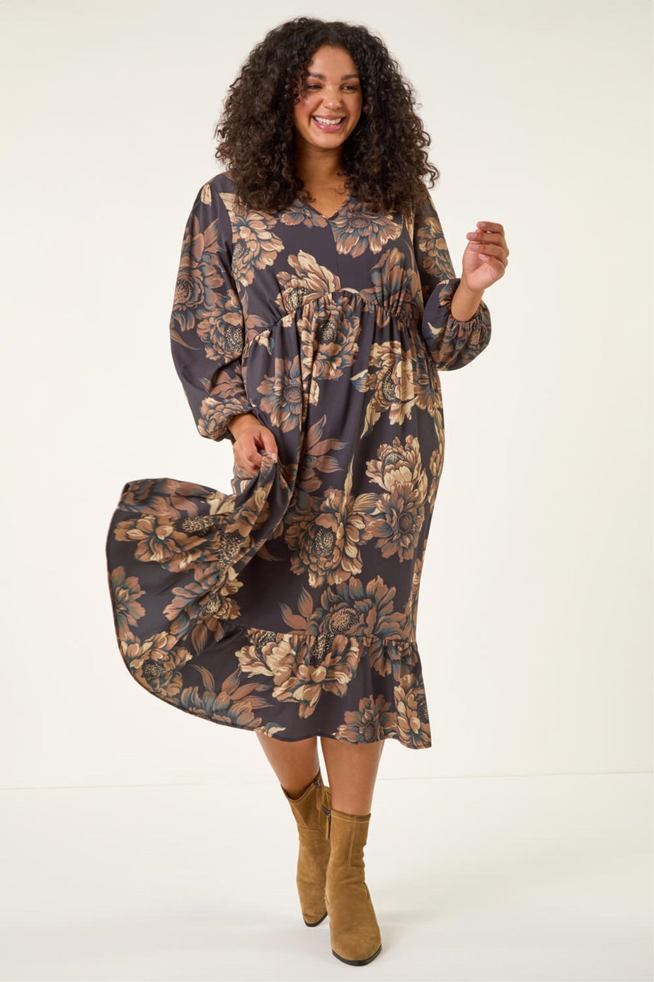 Roman Brown Curve Floral Print Midi Dress