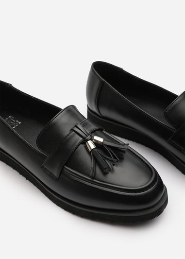 Where's That From Extra Wide-Fit Black PU Kennedy Tasseled Loafers
