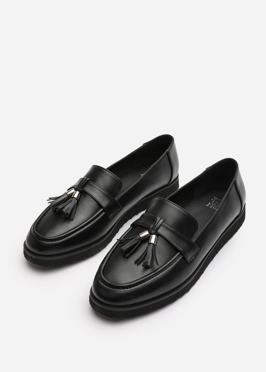 Where's That From Extra Wide-Fit Black PU Kennedy Tasseled Loafers