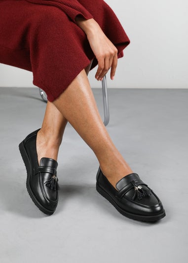 Where's That From Wide-Fit Black PU Kennedy Tasseled Loafers