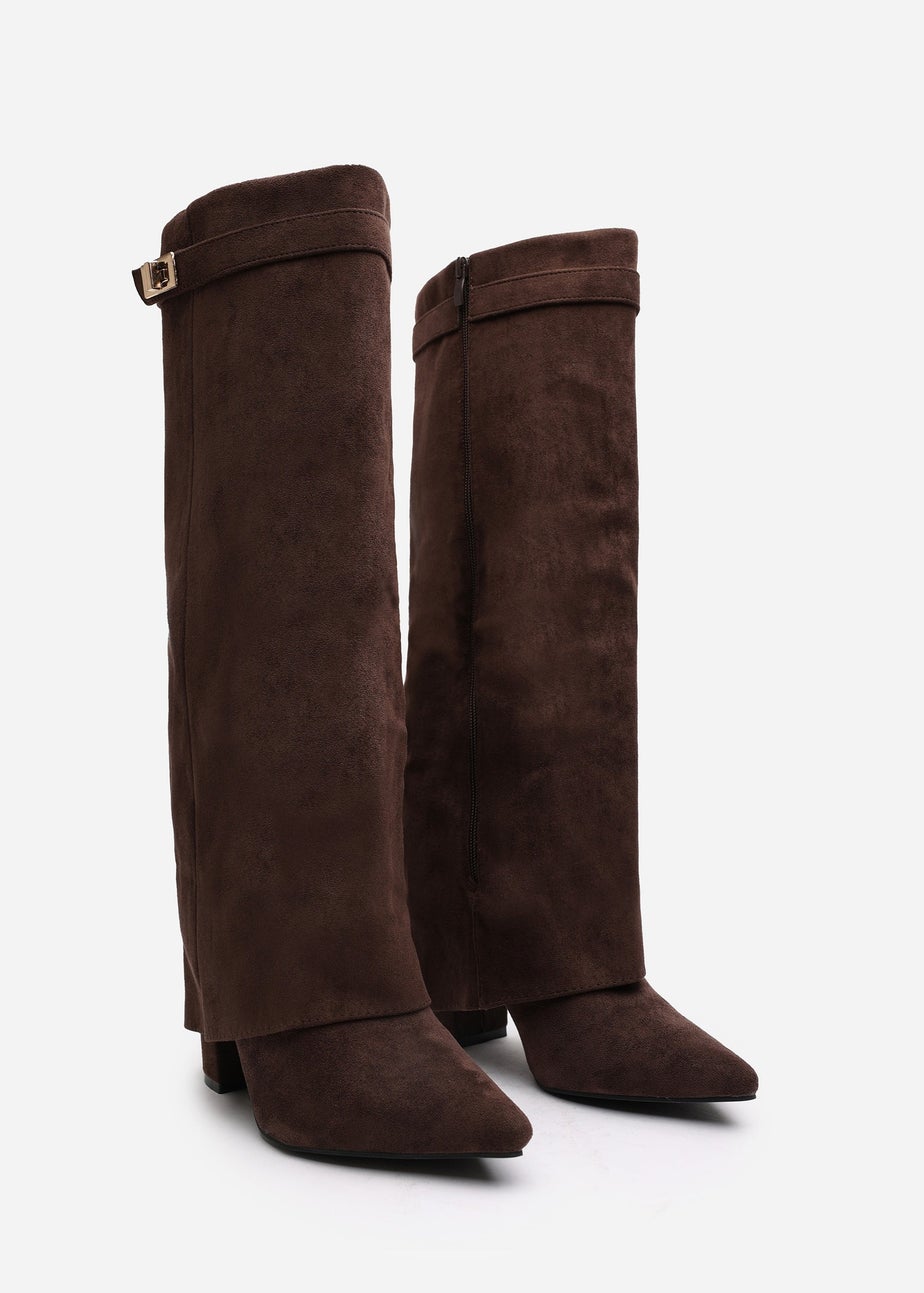 Where's That From Keira Brown Suede Fold Over Shark Heel Boots