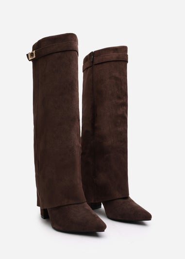 Where's That From Keira Brown Suede Fold Over Shark Heel Boots
