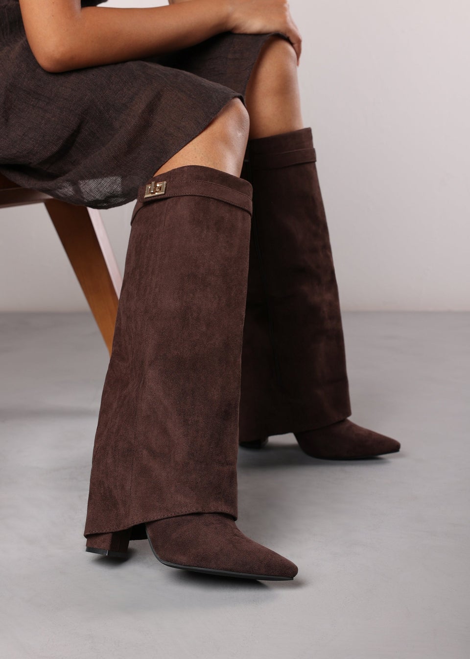 Where's That From Keira Brown Suede Fold Over Shark Heel Boots