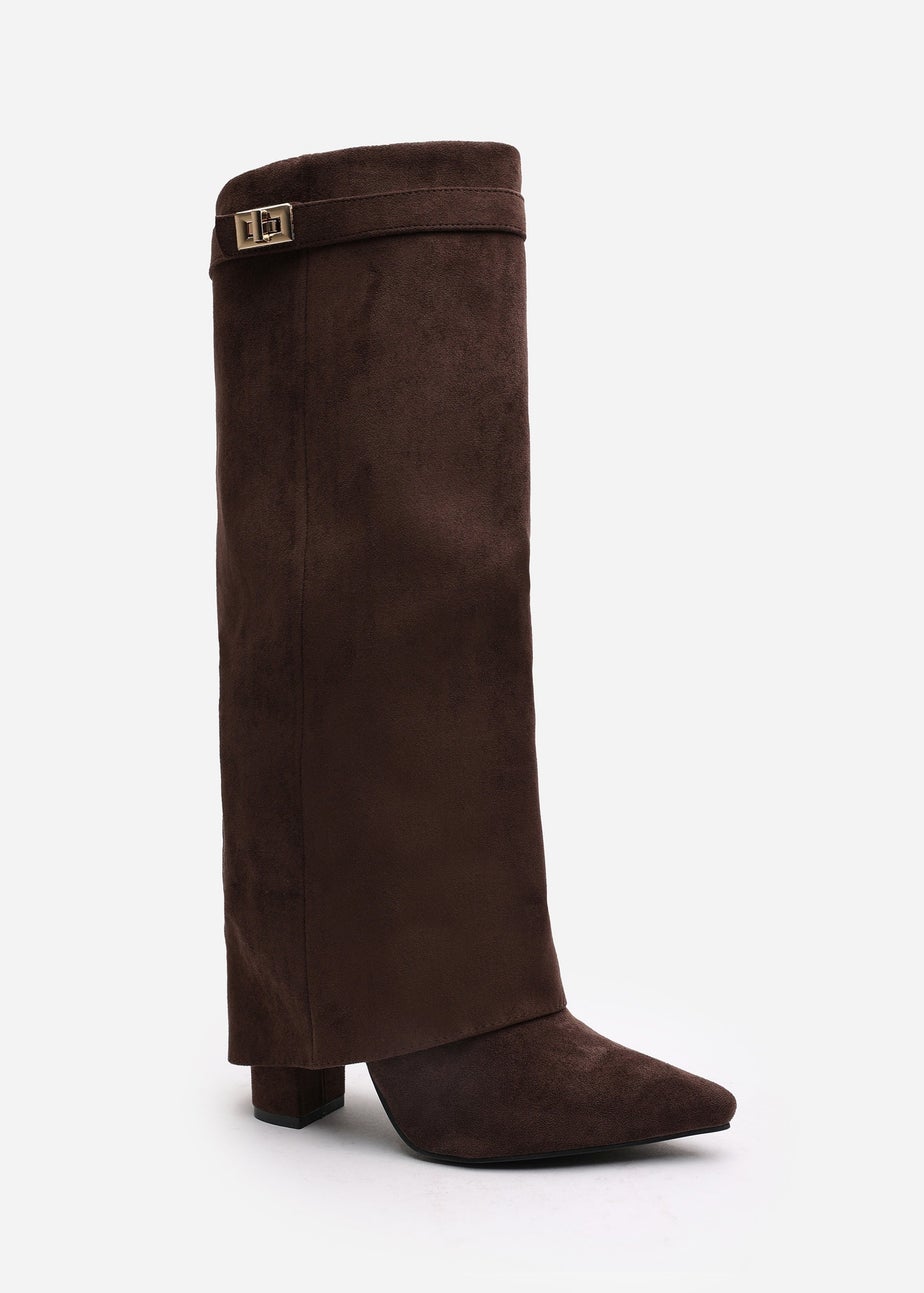 Where's That From Keira Brown Suede Fold Over Shark Heel Boots