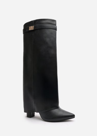 Where's That From Keira Black PU Fold Over Shark Heel Boots