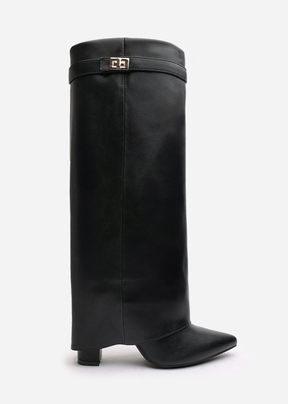 Where's That From Keira Black PU Fold Over Shark Heel Boots