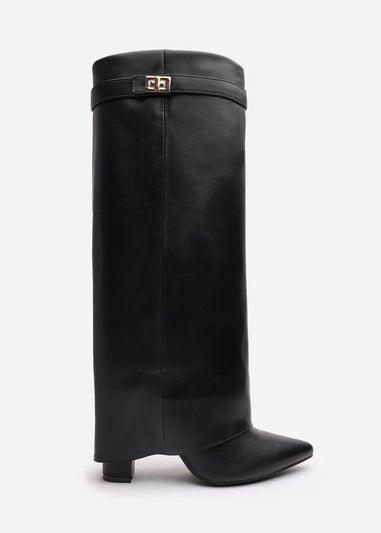 Where's That From Keira Black PU Fold Over Shark Heel Boots