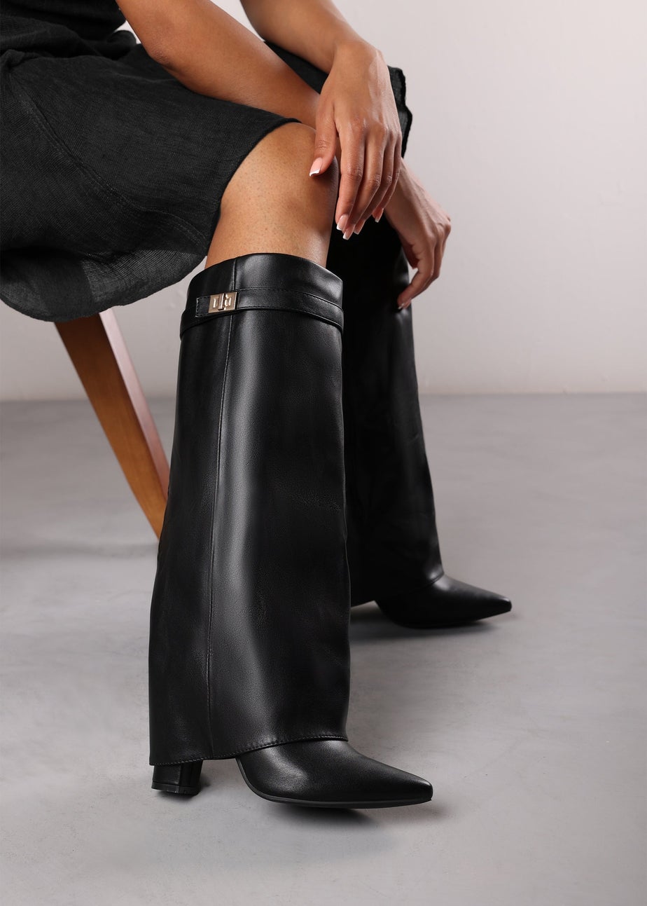 Where's That From Keira Black PU Fold Over Shark Heel Boots