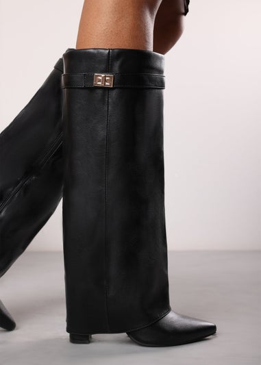 Where's That From Keira Black PU Fold Over Shark Heel Boots