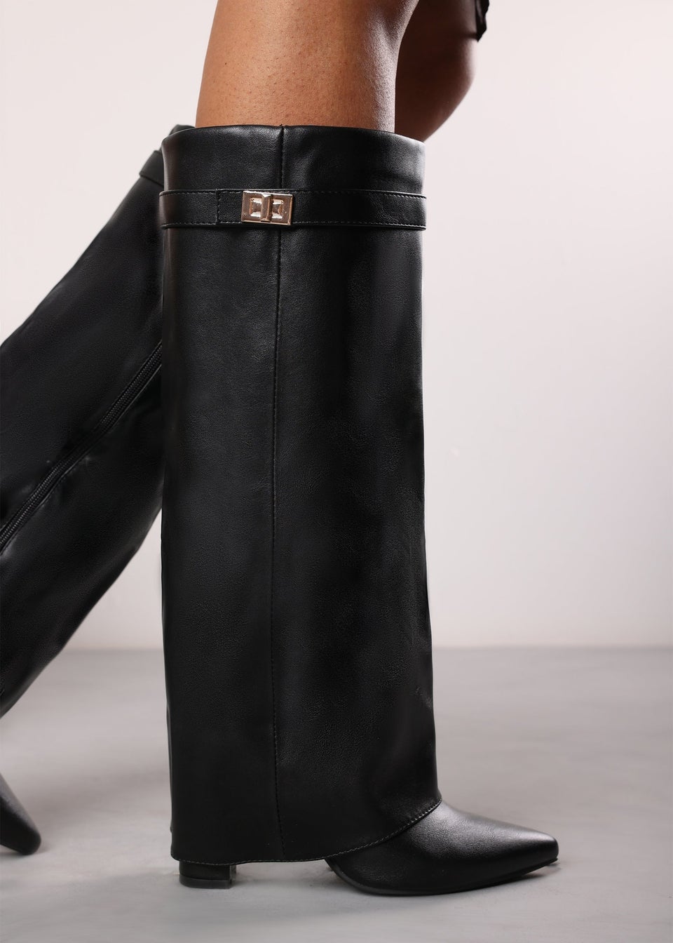 Where's That From Keira Black PU Fold Over Shark Heel Boots