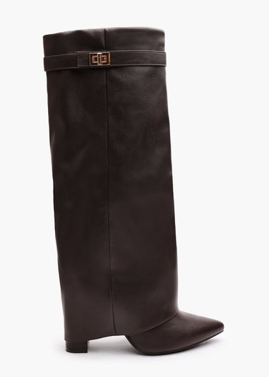 Where's That From Keira Brown PU Fold Over Shark Heel Boots