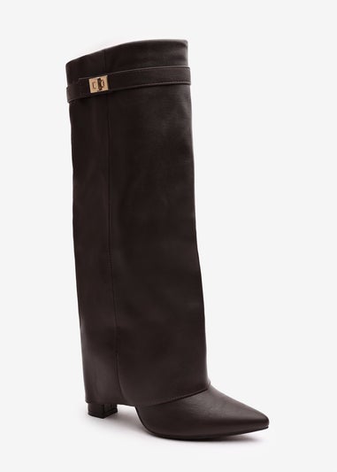 Where's That From Keira Brown PU Fold Over Shark Heel Boots