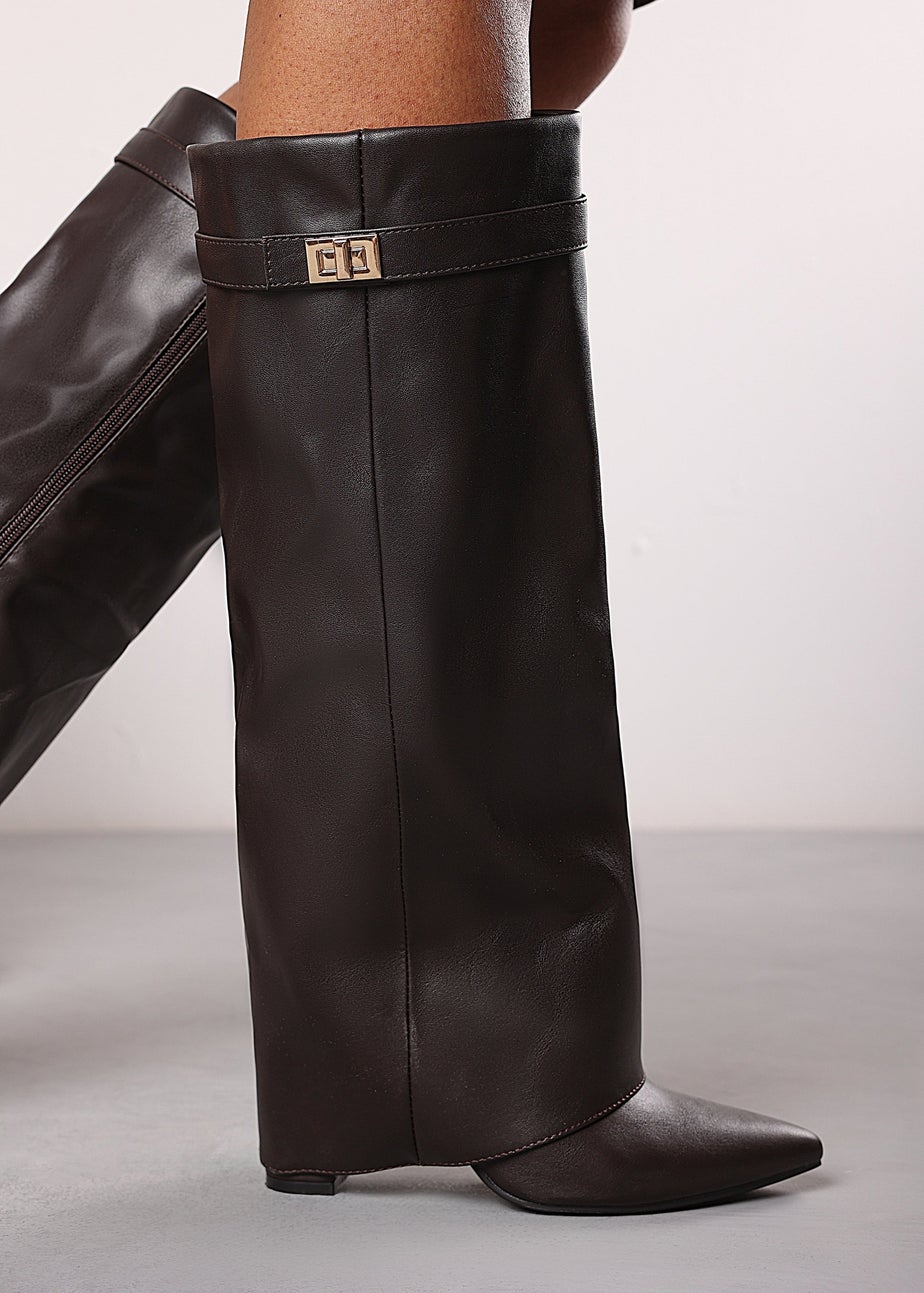 Where's That From Keira Brown PU Fold Over Shark Heel Boots