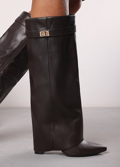 Where's That From Keira Brown PU Fold Over Shark Heel Boots