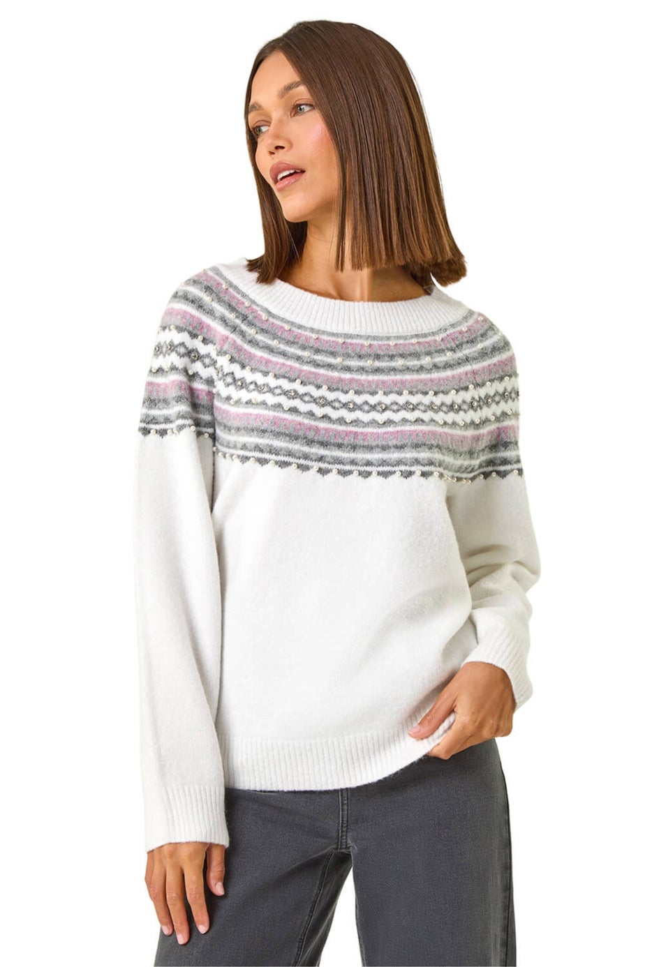 Roman Ivory Pearl Embellished Printed Jumper
