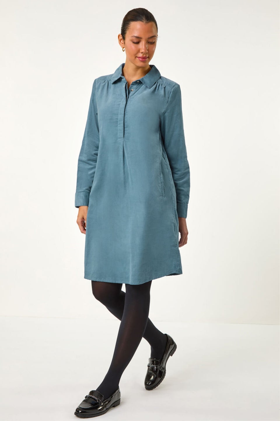 Roman Light Blue Corduroy Tunic Shirt Dress