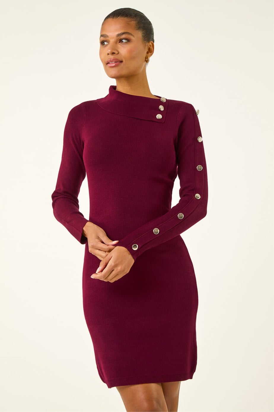 Roman Wine Button Detail Roll Neck Jumper Dress