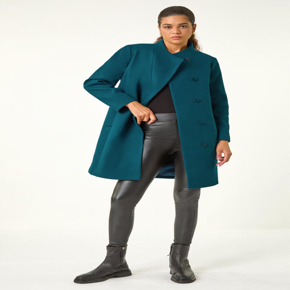 Roman Teal Tailored Funnel Neck Pocket Detail Coat