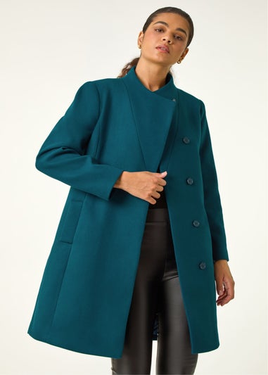 Roman Teal Tailored Funnel Neck Pocket Detail Coat