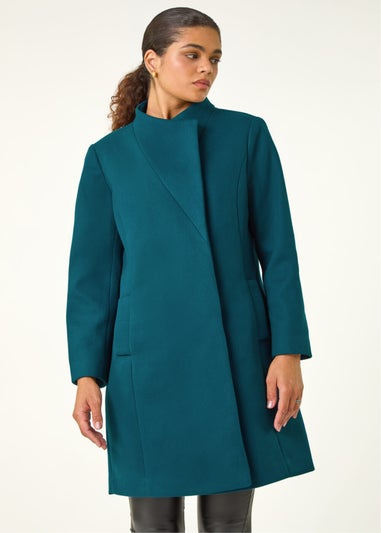 Roman Teal Tailored Funnel Neck Pocket Detail Coat