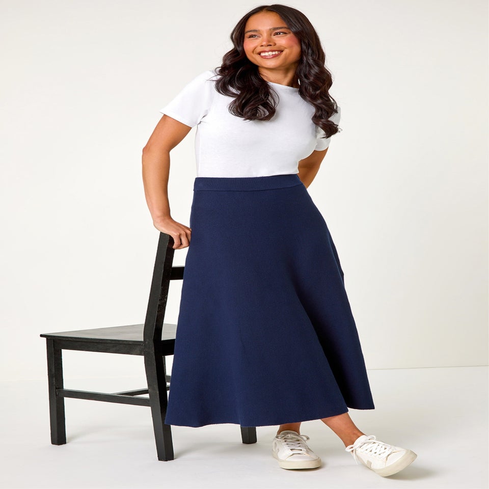 Roman Midnight Blue Petite Stretch Knitted Midi Skirt