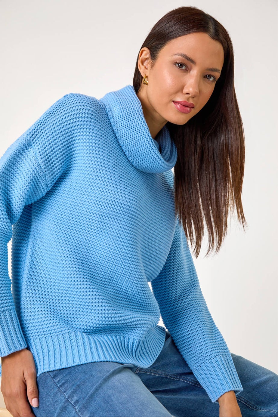 Roman Sky Blue Textured Cowl Neck Jumper