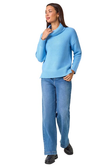 Roman Sky Blue Textured Cowl Neck Jumper