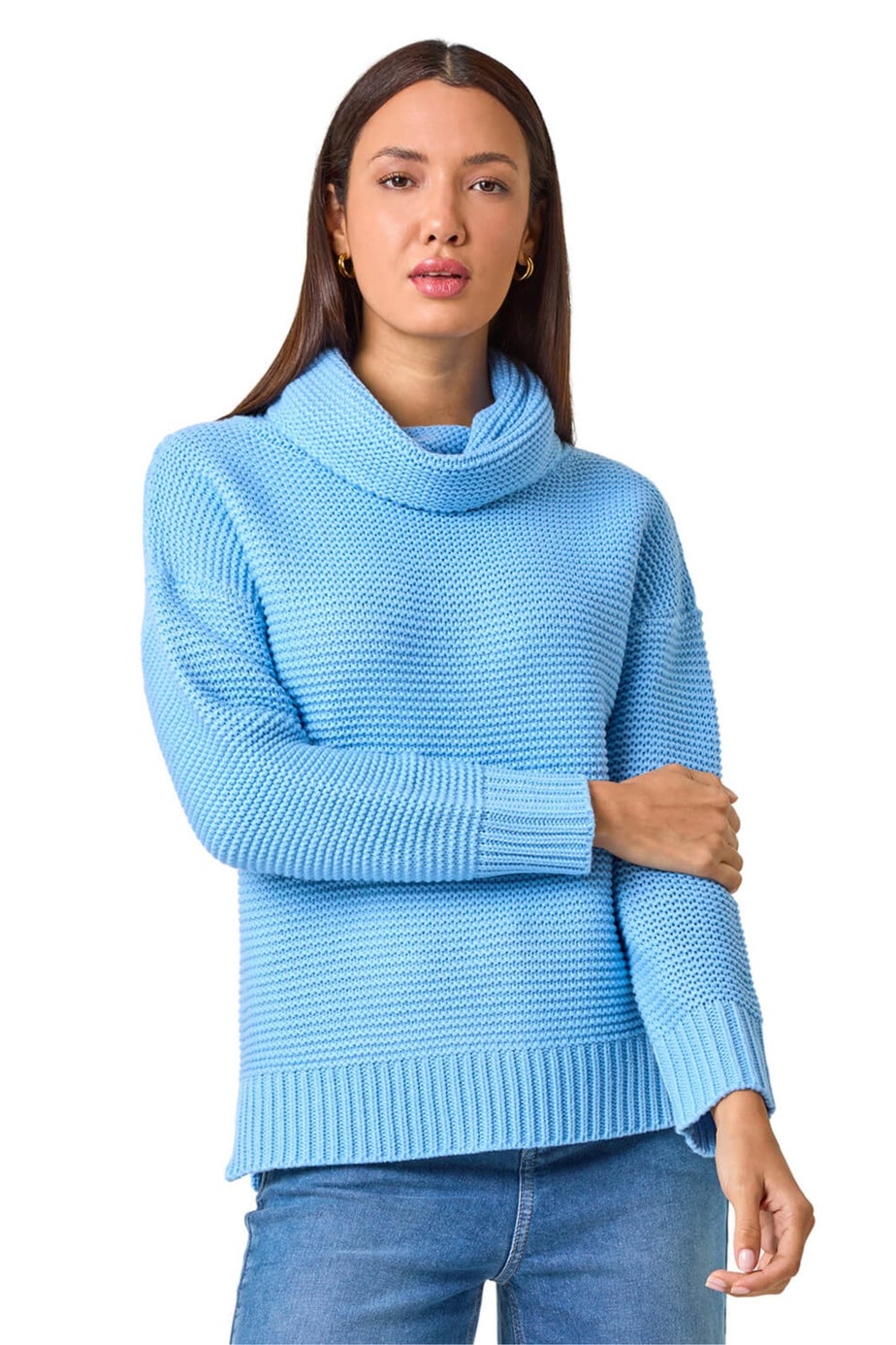 Roman Sky Blue Textured Cowl Neck Jumper