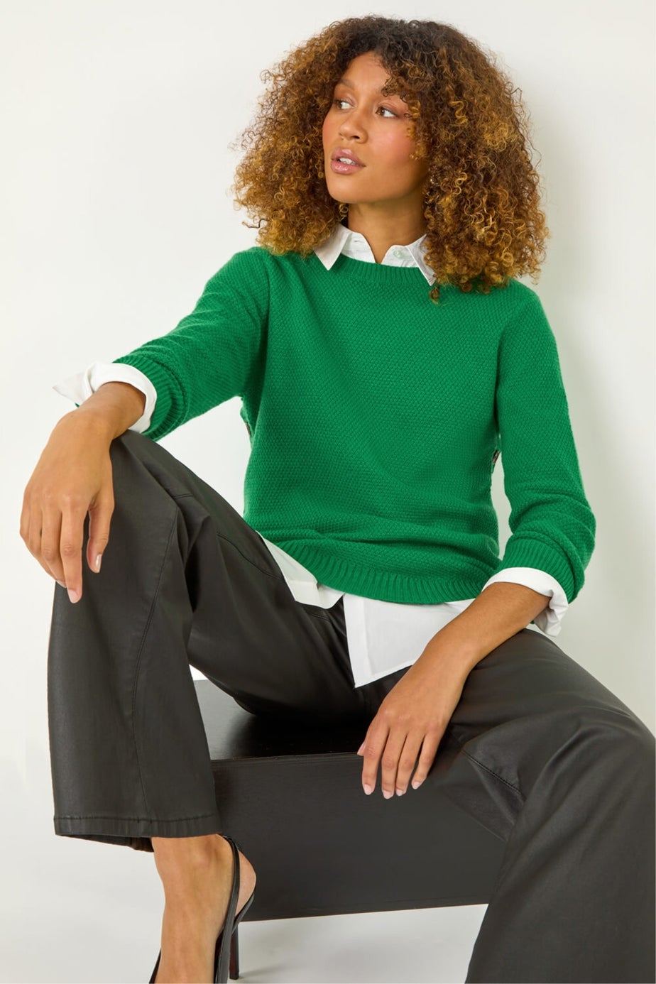 Roman Green Textured Curved Hem Jumper