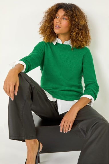 Roman Green Textured Curved Hem Jumper