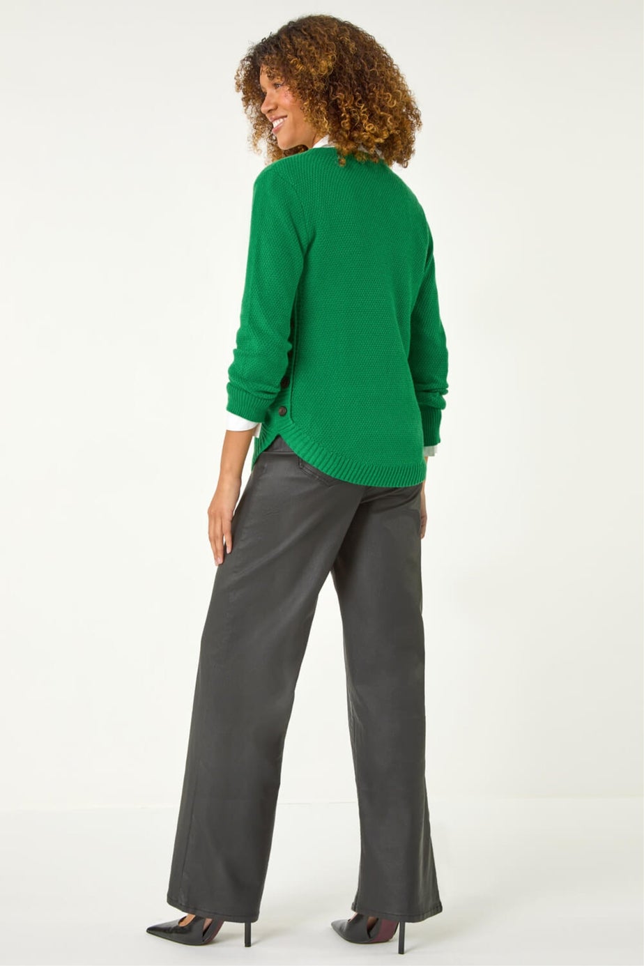 Roman Green Textured Curved Hem Jumper