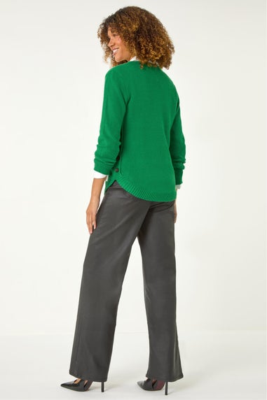 Roman Green Textured Curved Hem Jumper