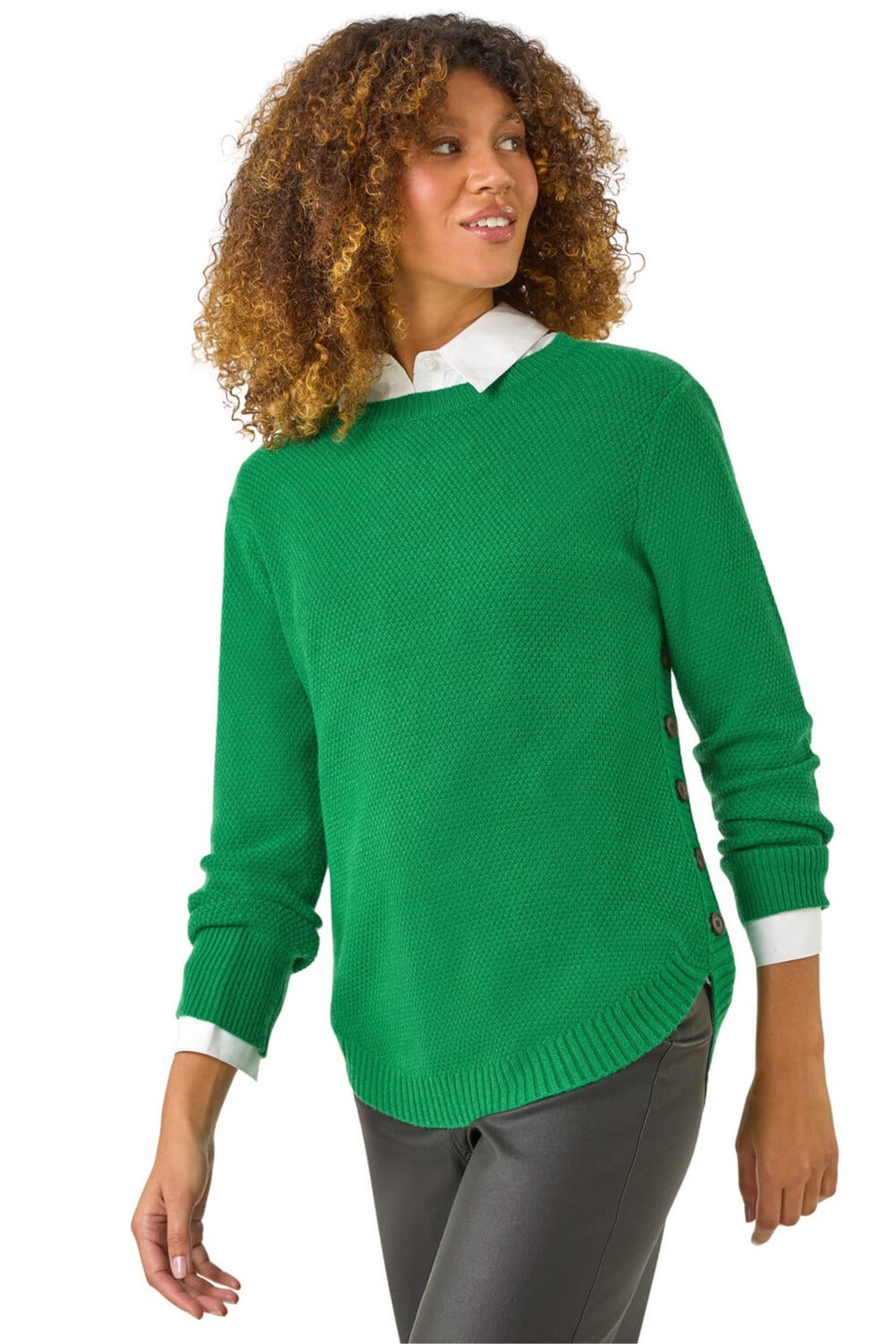 Roman Green Textured Curved Hem Jumper