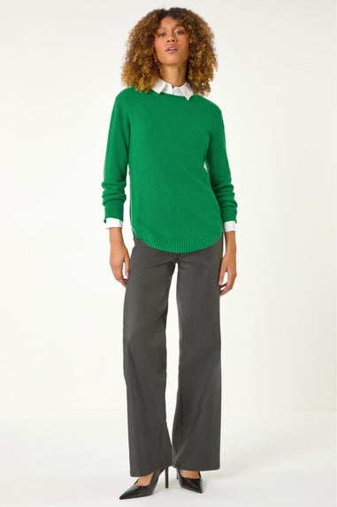 Roman Green Textured Curved Hem Jumper