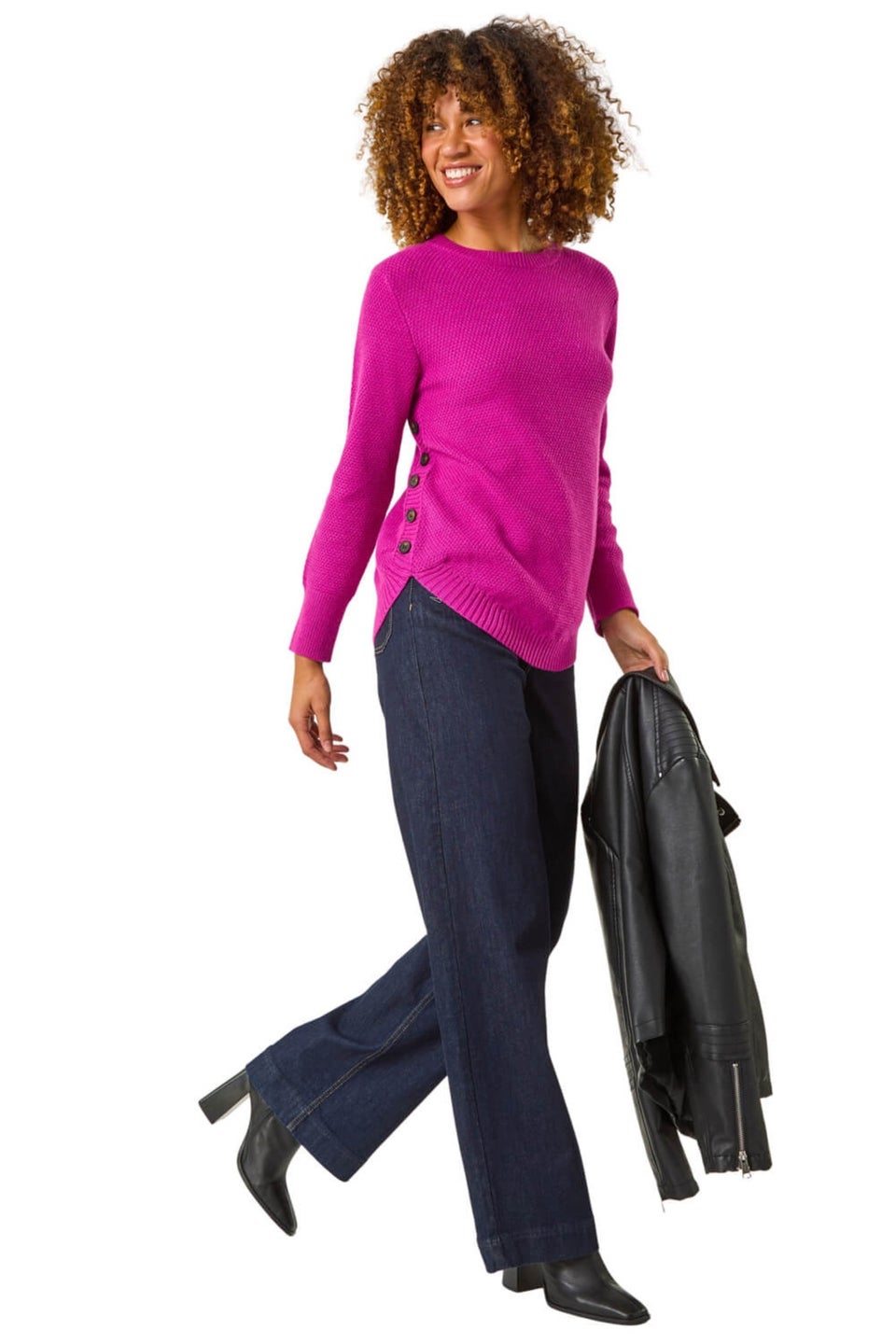 Roman Magenta Textured Curved Hem Jumper