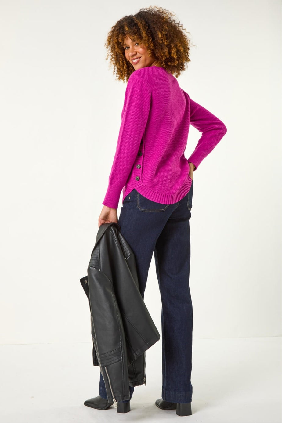Roman Magenta Textured Curved Hem Jumper