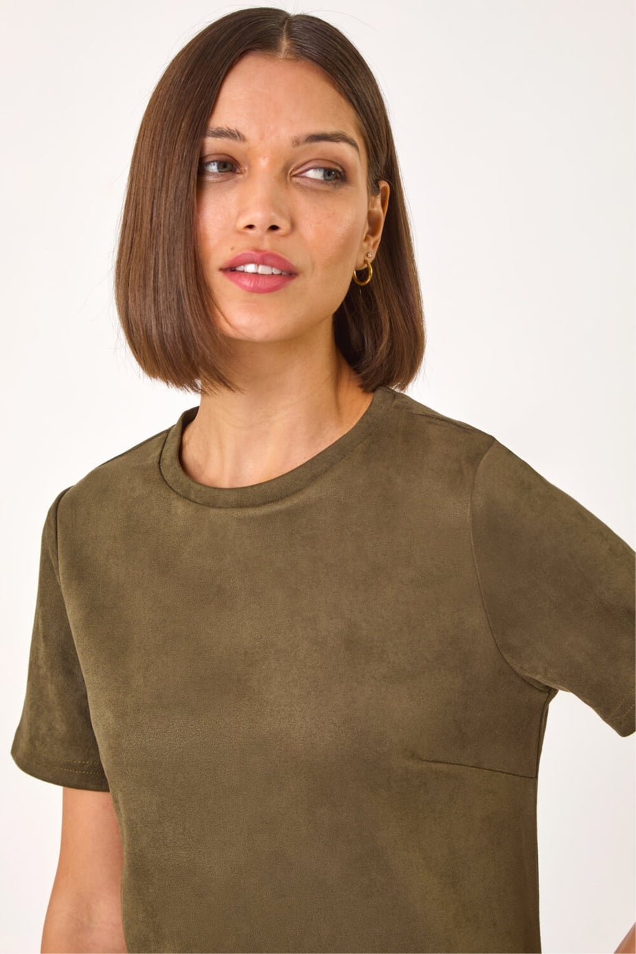 Roman Khaki Faux Suede Button Shift Stretch Dress