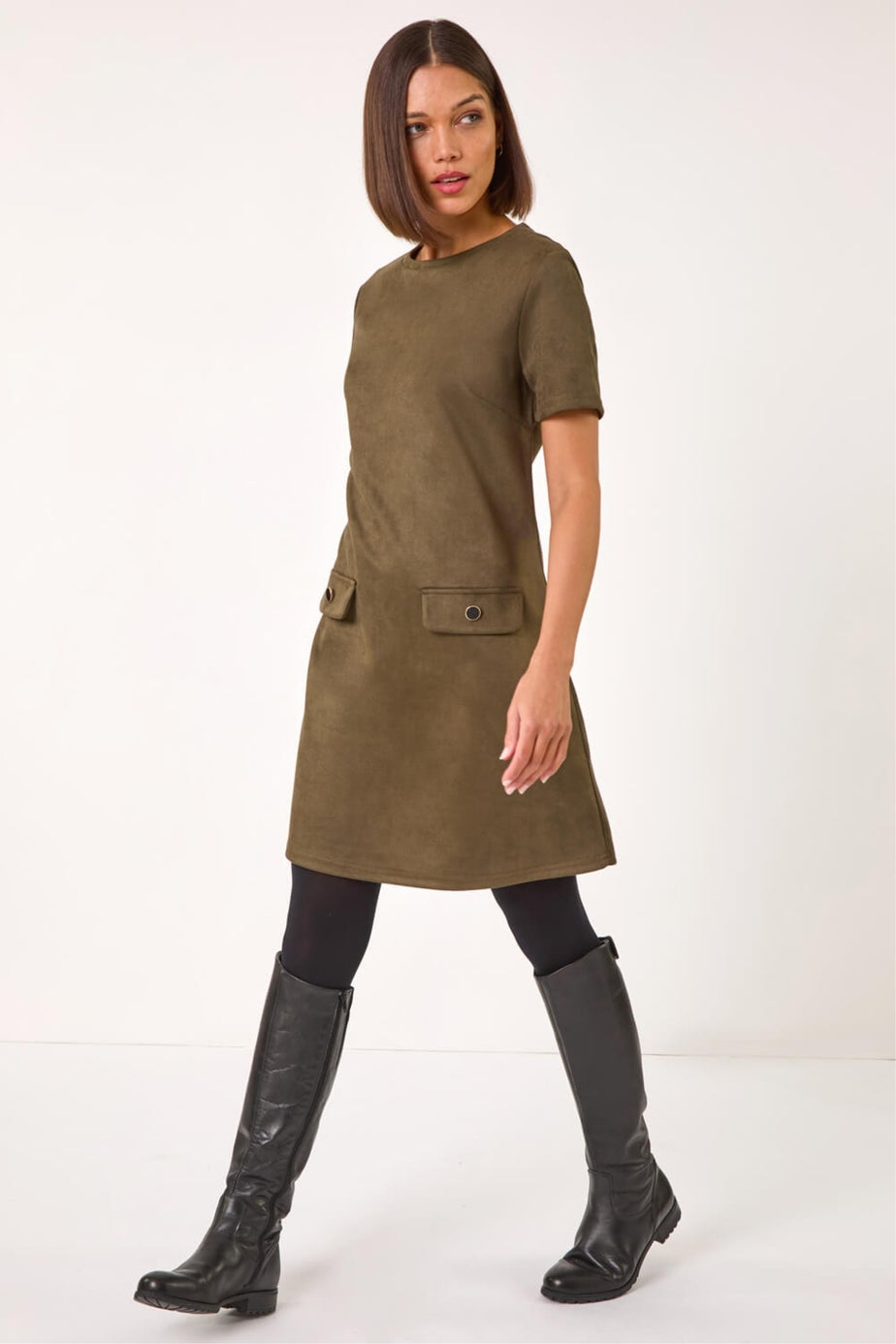 Roman Khaki Faux Suede Button Shift Stretch Dress