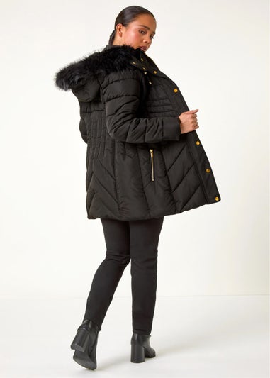 Roman Black Petite Hooded Longline Quilted Coat