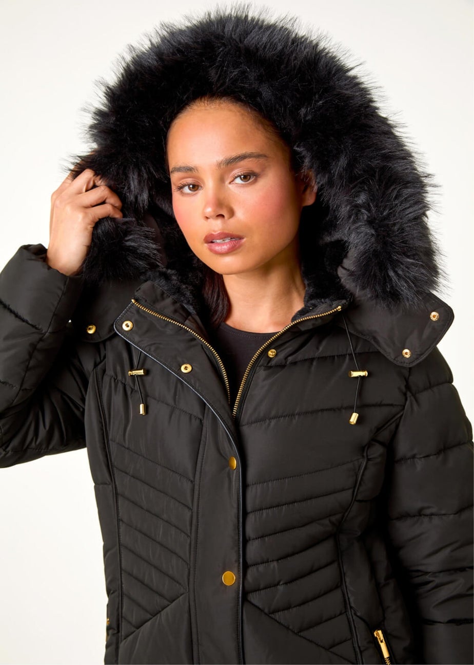 Roman Black Petite Hooded Longline Quilted Coat